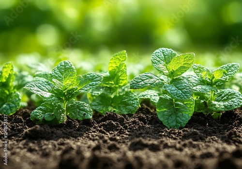 Lush Green Mint Plants Growing In Rich Soil photo