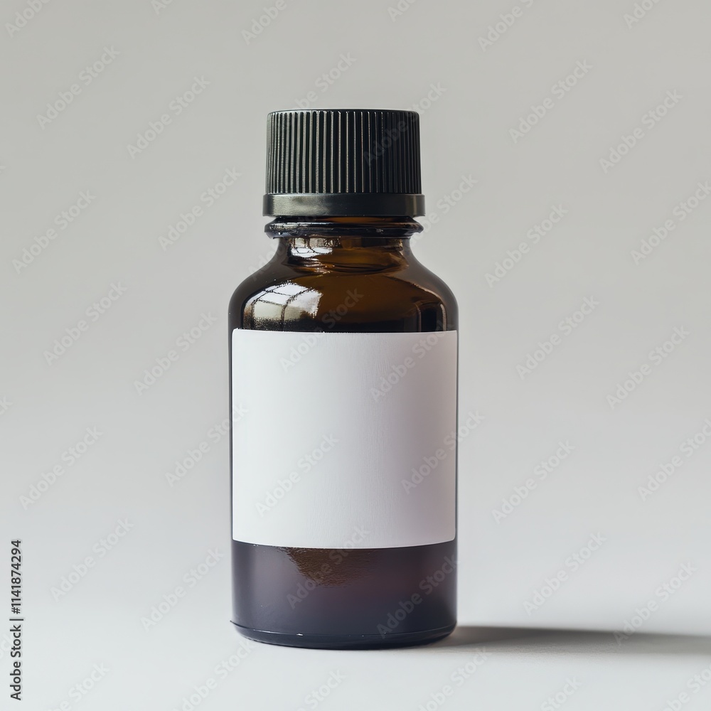 Minimalist Brown Glass Bottle With White Label On Neutral Background Minimalist Brown Glass Bottle With White Label On Neutral Background