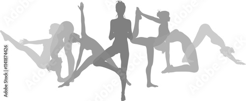 Silhouette yoga pilates women poses set. Active sports people healthy players fitness silhouettes concept.