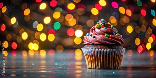 Sweet sprinkle-topped cupcakes, dramatically backlit, bokeh lights create a magical dessert scene. photo