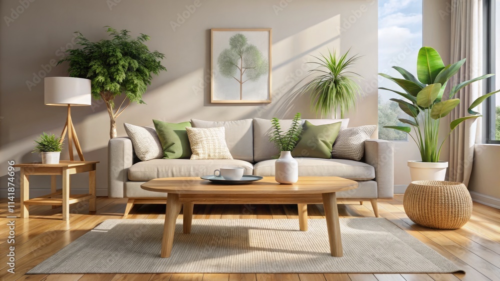 Fototapeta premium Tranquil living room, minimalist design, featuring a wooden table and calming décor.