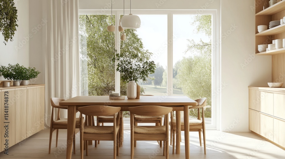 A solid wood table and chairs set in an airy, rustic room, surrounded by simple decor and a view of the outdoor A solid wood table and chairs set in an airy, rustic room, surrounded by simple decor and a view of the outdoor