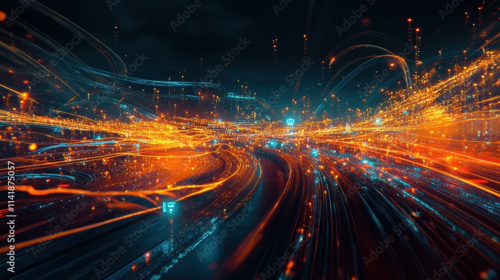 Obraz premium Vivid light trails create dynamic motion in a vibrant cityscape at night
