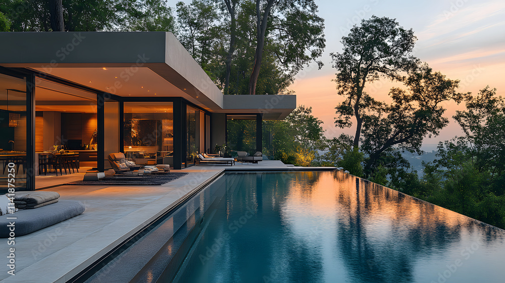 Photography of a sleek, modern home designed with sustainable materials, surrounded by a vast garden with tall trees, and a luxurious infinity pool extending toward the horizon. Photography of a sleek, modern home designed with sustainable materials, surrounded by a vast garden with tall trees, and a luxurious infinity pool extending toward the horizon.