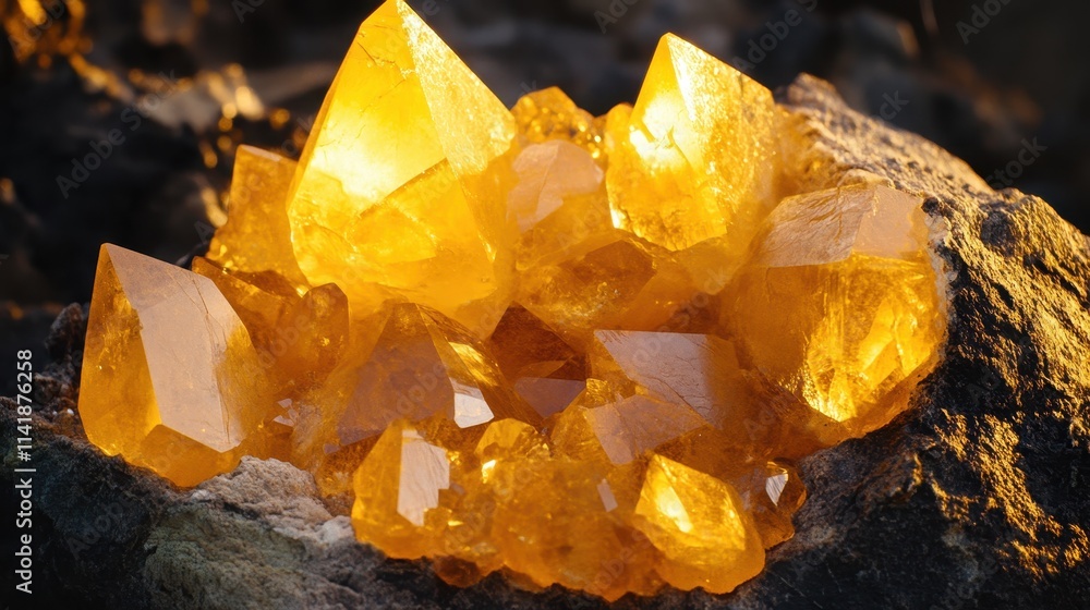 Brilliant amber quartz crystals sparkling under soft light in an enchanting natural setting Brilliant amber quartz crystals sparkling under soft light in an enchanting natural setting