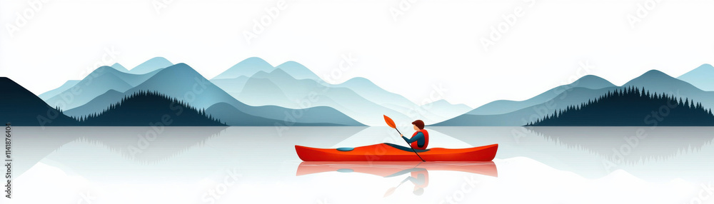 A serene kayak adventure on calm waters surrounded by mountains. Happy Sunday Life Concept. A serene kayak adventure on calm waters surrounded by mountains. Happy Sunday Life Concept.