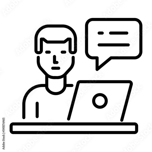 A line icon of a person doing a laptop chat 