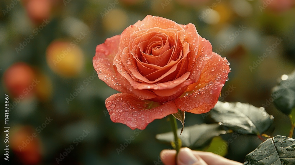 Dew-kissed orange rose in a garden setting Dew-kissed orange rose in a garden setting