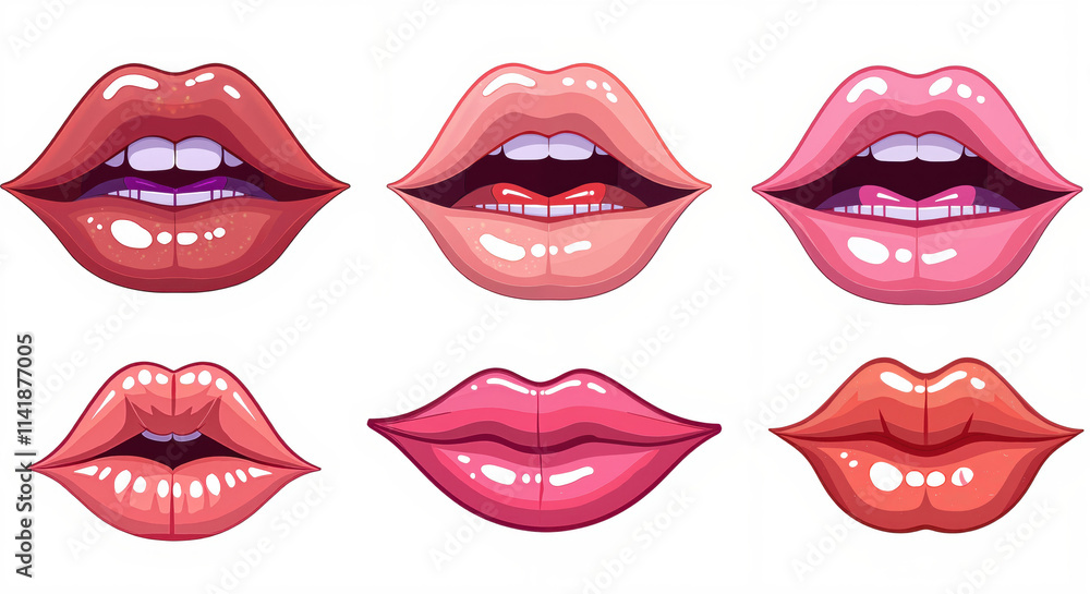 Obraz premium Colorful Lip Illustration Set with Various Expressions, Perfect for Fashion and Beauty Design Projects