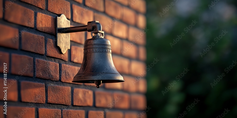 Fototapeta premium Antique bronze bell on brick wall