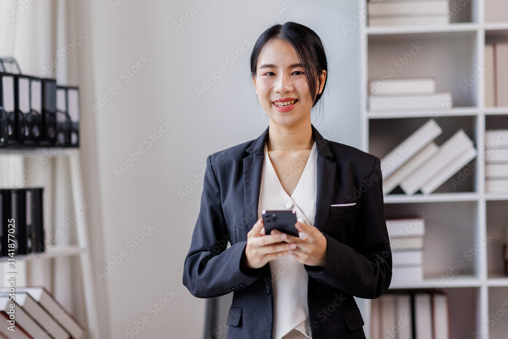 Business Documents, Asian woman standing and holding cellphone for analysis TAX, accountant Documents data contract partner deal in workplace office.