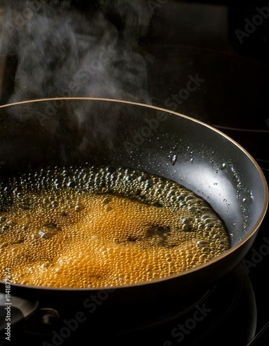 Close-up of bubbling sugar caramelizing in a frying pan with steam rising, showing the cooking process against a dark background.