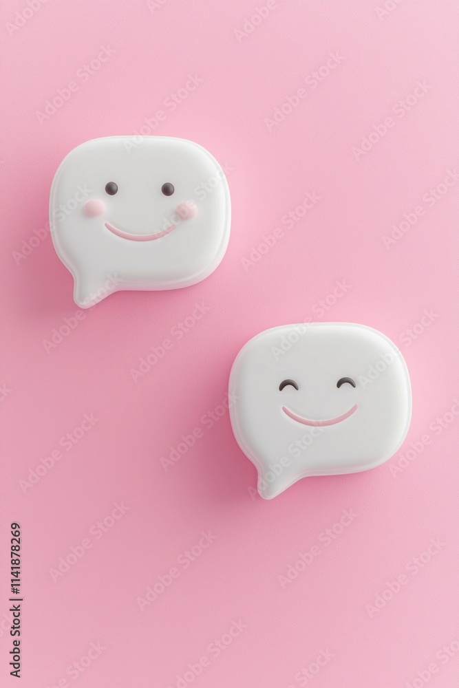 Two cute white speech bubbles with happy face emojis on a pink background Two cute white speech bubbles with happy face emojis on a pink background