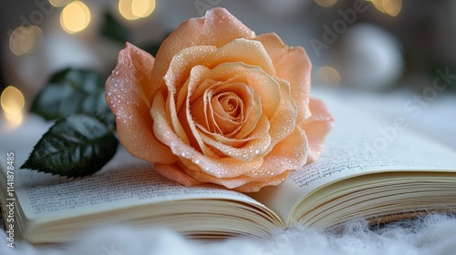 Delicate peach rose atop an open book