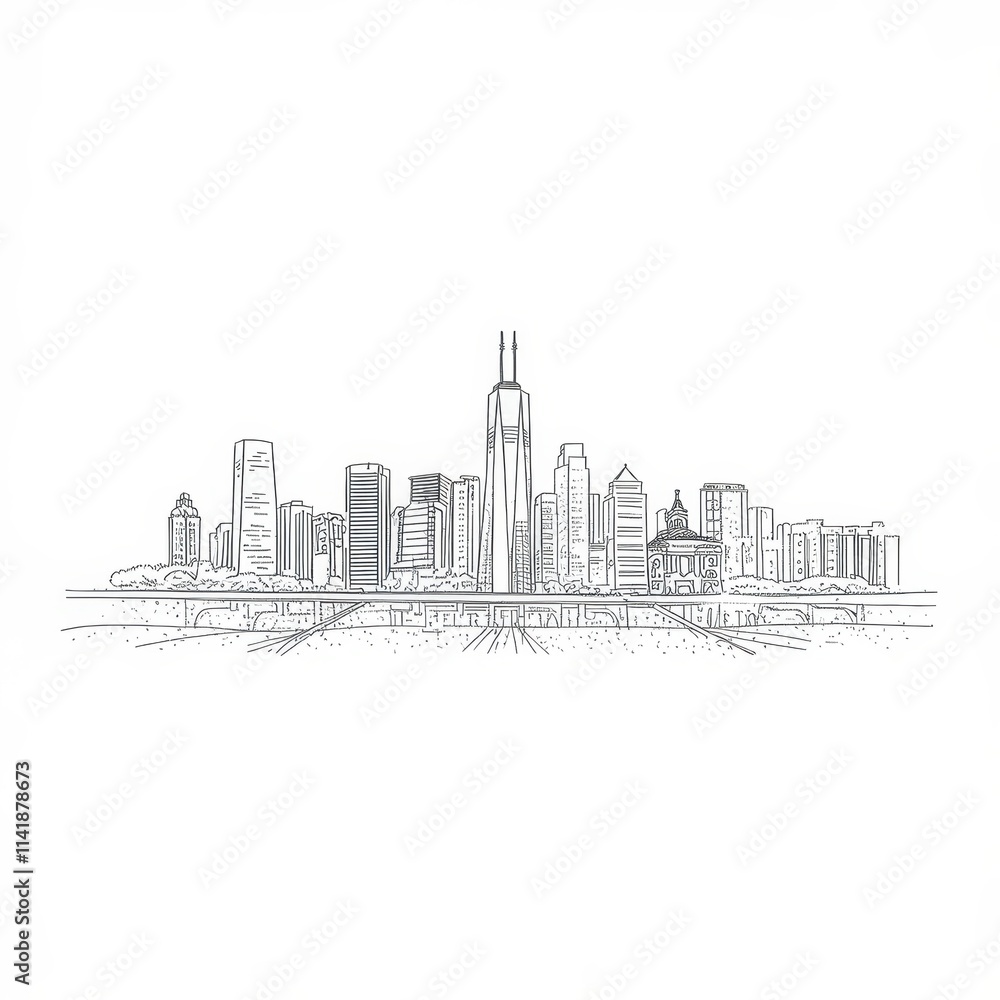 Sketch of a modern city skyline featuring a prominent tower Sketch of a modern city skyline featuring a prominent tower