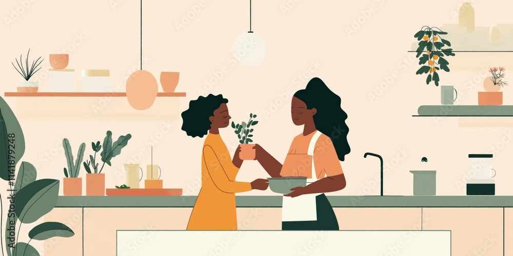 Fototapeta premium Two african females cooking together in a modern kitchen setting