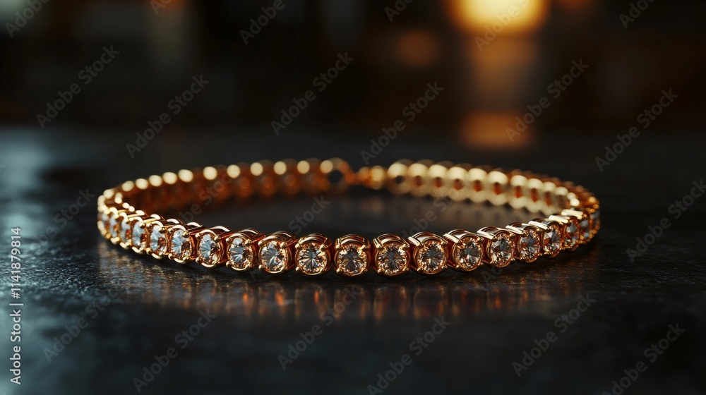 Golden bracelet with diamonds shining on dark surface Golden bracelet with diamonds shining on dark surface