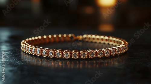 Golden bracelet with diamonds shining on dark surface