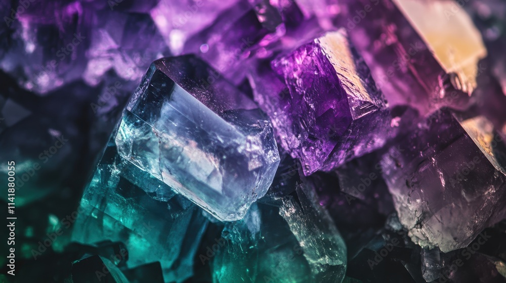 Stunning formation of vibrant crystals reflecting light in a dark environment with colorful highlights present Stunning formation of vibrant crystals reflecting light in a dark environment with colorful highlights present