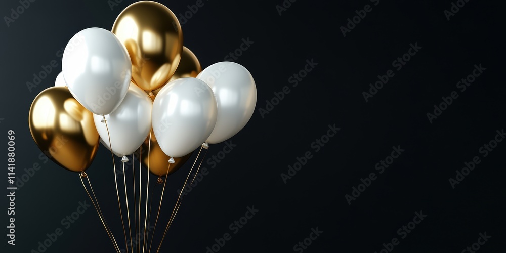 Realistic 3D Gold and White Balloons on Dark Background Perfect for Holiday Celebrations and Festive Decorations Realistic 3D Gold and White Balloons on Dark Background Perfect for Holiday Celebrations and Festive Decorations