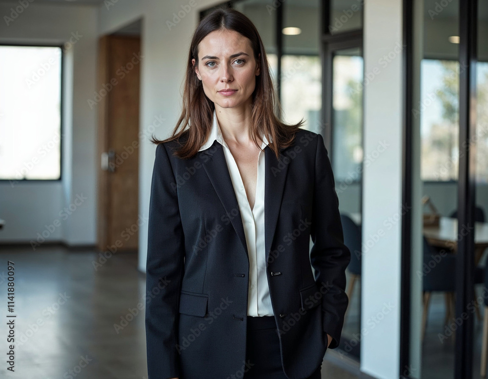 Portrait of a professional woman in a suit standing in a modern office. Mature business woman looking at the camera in a workplace meeting area. Portrait of a professional woman in a suit standing in a modern office. Mature business woman looking at the camera in a workplace meeting area.