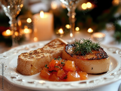 Elegant Foie Gras with Brioche Toast Romantic Parisian Setting Food Photography Cozy Atmosphere Close-Up Culinary Art photo