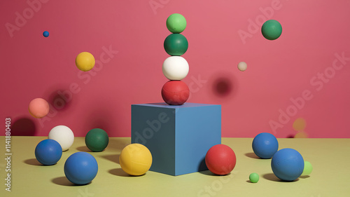 Abstract scene with vibrant pink background featuring a central cube topped with a stack of colorful spheres in green, white, and red. Surrounding spheres in blue, yellow, green, and red are scattered