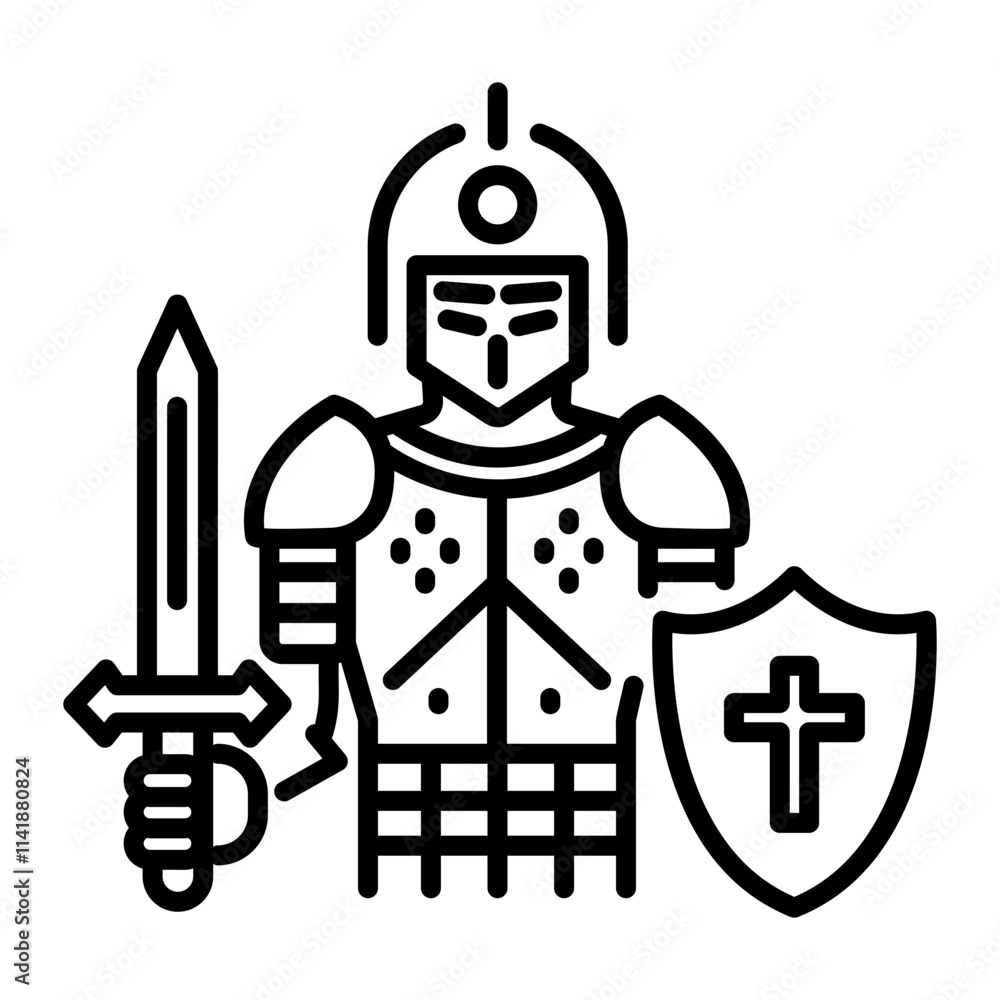 A linear icon of medieval knight character A linear icon of medieval knight character