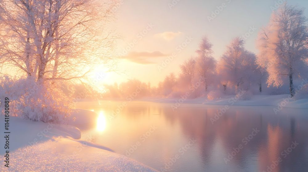Winter Sunset Illustration - Snowy Forest, Trees, and a Frozen Lake Winter Sunset Illustration - Snowy Forest, Trees, and a Frozen Lake