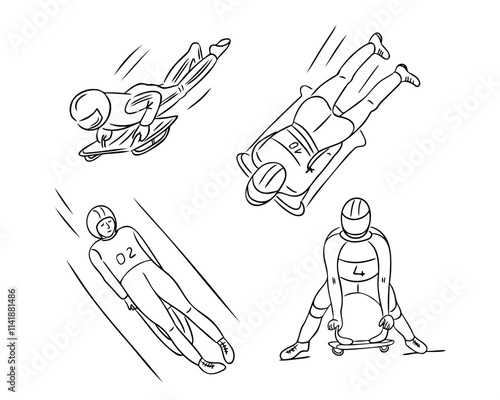 Winter sports doodle set with athletes sledding in various positions, including skeleton and luge. Vector winter sport outline drawing on white background. Perfect for coloring pages