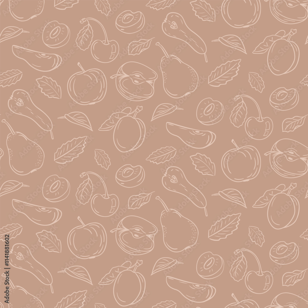 Seamless fruit pattern with apples, pears, cherries, and leaves on trendy mocha mousse background. Vector outline doodle illustration for foe wrapping, textile and wallpaper Seamless fruit pattern with apples, pears, cherries, and leaves on trendy mocha mousse background. Vector outline doodle illustration for foe wrapping, textile and wallpaper