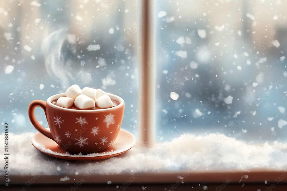 Winter holiday Christmas banner, steaming cup of cocoa with marshmallows on snowy windowsill, soft sunlight Winter holiday Christmas banner, steaming cup of cocoa with marshmallows on snowy windowsill, soft sunlight