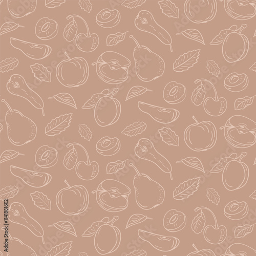 Seamless fruit pattern with apples, pears, cherries, and leaves on trendy mocha mousse background. Vector outline doodle illustration for foe wrapping, textile and wallpaper