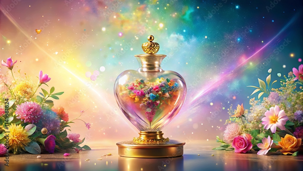 Heart-Shaped Bottle of Enchanting Floral Essence, Adorned with Golden Accents, Set Against a Dreamlike, Colorful Cosmic Backdrop Heart-Shaped Bottle of Enchanting Floral Essence, Adorned with Golden Accents, Set Against a Dreamlike, Colorful Cosmic Backdrop