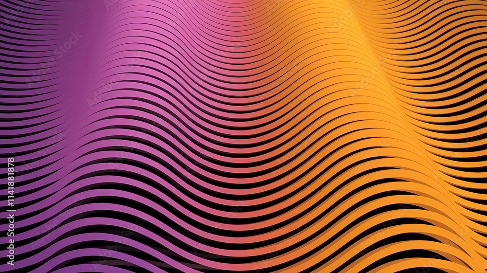 Series of undulating, wavy lines in a rhythmic pattern, transitioning from deep purple at the bottom to golden hue at the top, stacked to create depth and dimension, resembling a flowing abstract wave Series of undulating, wavy lines in a rhythmic pattern, transitioning from deep purple at the bottom to golden hue at the top, stacked to create depth and dimension, resembling a flowing abstract wave