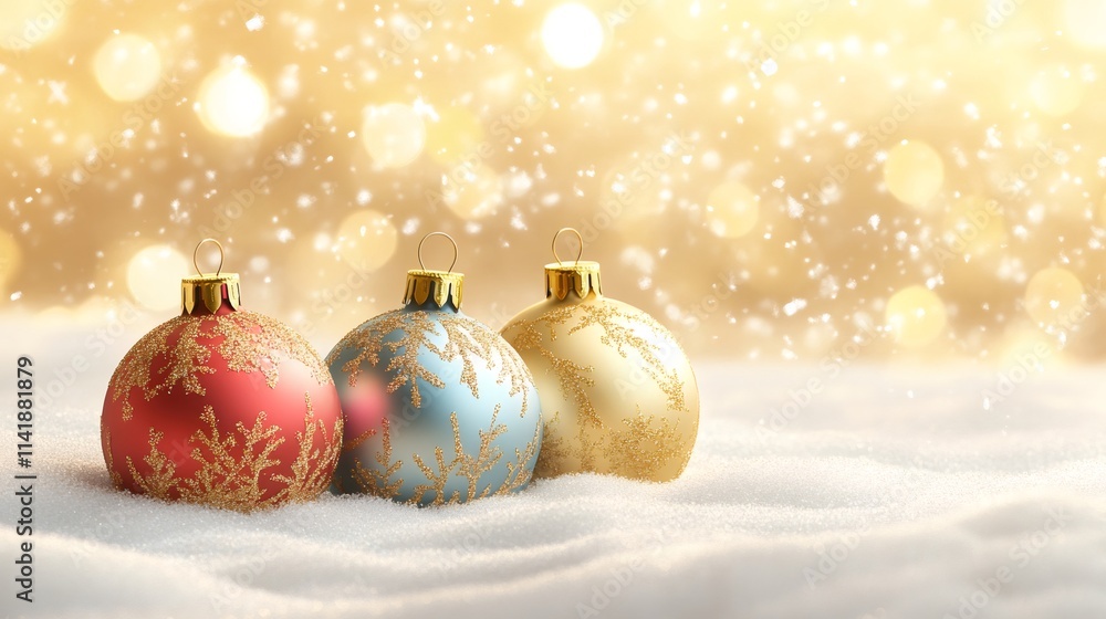 Christmas ornaments resting on snow with golden bokeh and falling snowflakes in background Christmas ornaments resting on snow with golden bokeh and falling snowflakes in background