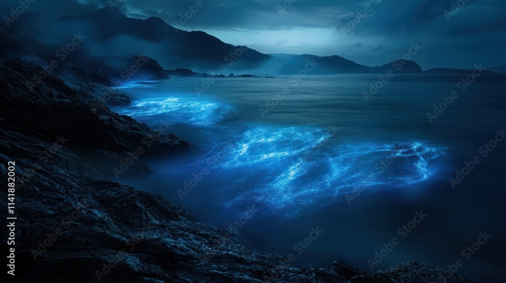 Bioluminescent waves glow blue at night near a rocky shore under a dramatic sky. Bioluminescent waves glow blue at night near a rocky shore under a dramatic sky.