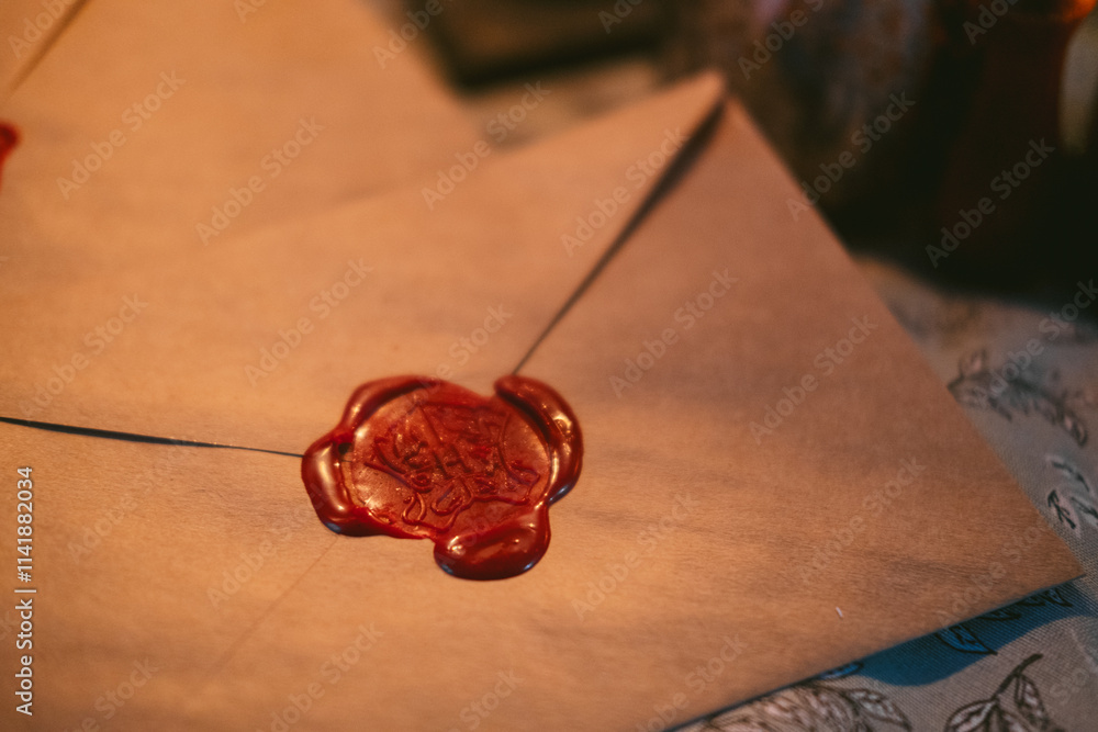 Fototapeta premium Hogwarts acceptance letter and envelope with vintage red wax seal. Harry Potter Wizarding World