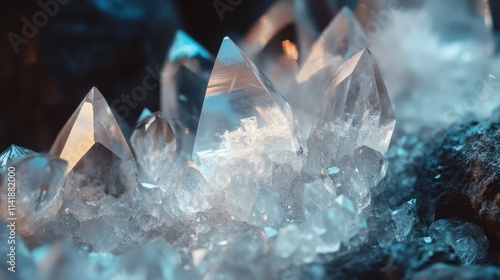 Sparkling quartz crystals shine brightly in a natural setting, showcasing intricate formations and reflections