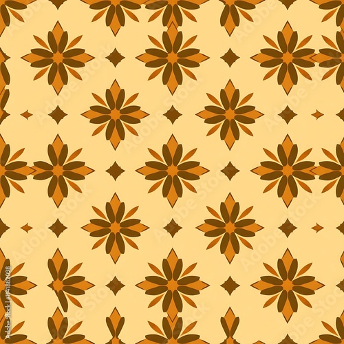 Autumnal Floral Pattern: A seamless textile design featuring a captivating repeat pattern of stylized flowers in warm autumnal hues of brown and gold on a pale yellow background.