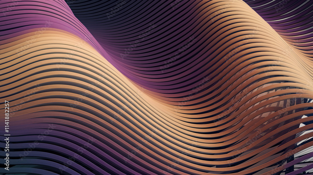 Series of undulating, wavy lines in a rhythmic pattern, transitioning from deep purple at the bottom to golden hue at the top, stacked to create depth and dimension, resembling a flowing abstract wave Series of undulating, wavy lines in a rhythmic pattern, transitioning from deep purple at the bottom to golden hue at the top, stacked to create depth and dimension, resembling a flowing abstract wave
