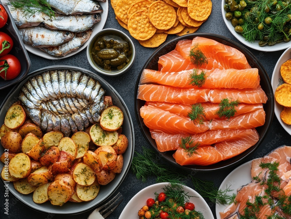 Lavish Scandinavian Smorgasbord Featuring Pickled Herring and Rye Bread Nordic Cuisine Table Setting Culinary Art Lavish Scandinavian Smorgasbord Featuring Pickled Herring and Rye Bread Nordic Cuisine Table Setting Culinary Art