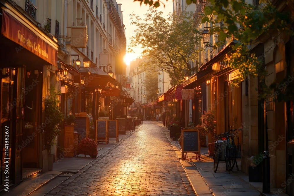 Obraz premium Golden sunrise illuminating charming parisian street with cozy cafes