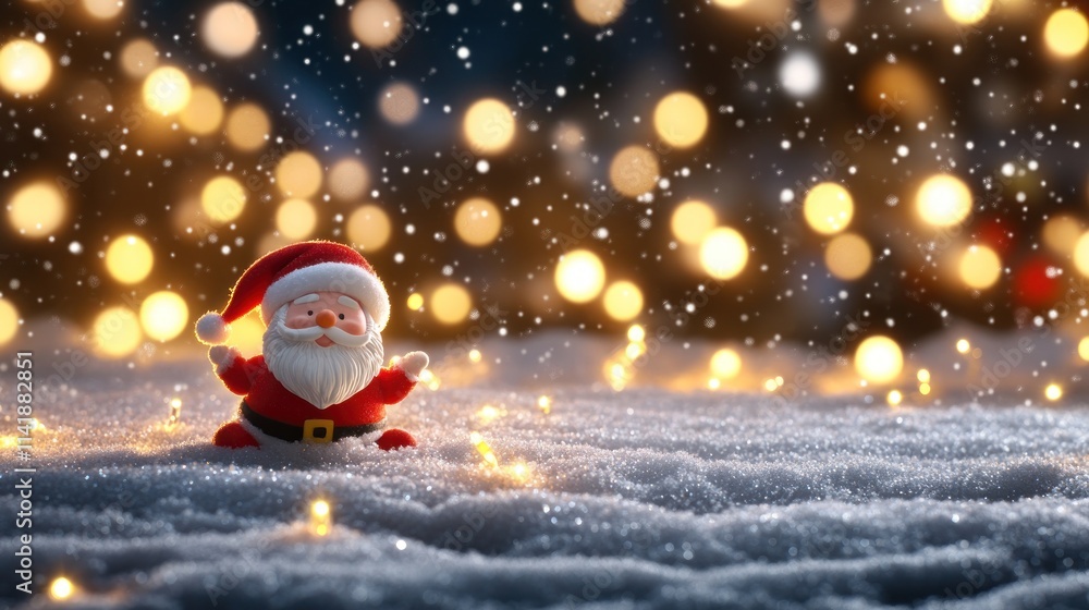 Naklejka premium Santa figurine in snowy scene with bokeh lights.