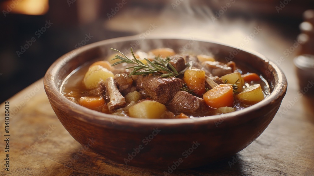 Steaming bowl of hearty stew with meat, vegetables, and herbs. Steaming bowl of hearty stew with meat, vegetables, and herbs.