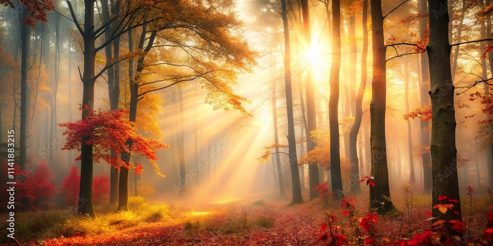 Naklejka premium Golden Sunbeams Illuminating a Misty Autumn Forest Path