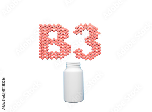 3d Empty White Pill Bottle With B3 Text Made Of Rounded Vitamin B3 Tablets 3d Illustration