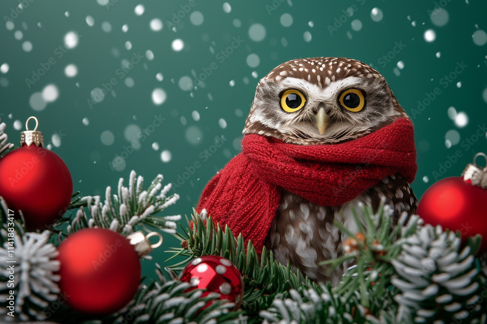 Cute Baby Owl with Scarf Perched on Pine Branch in Winter Cute Baby Owl with Scarf Perched on Pine Branch in Winter