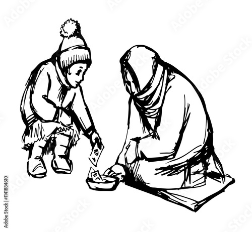 Vector Drawing. Girl Giving Alms to a Beggar