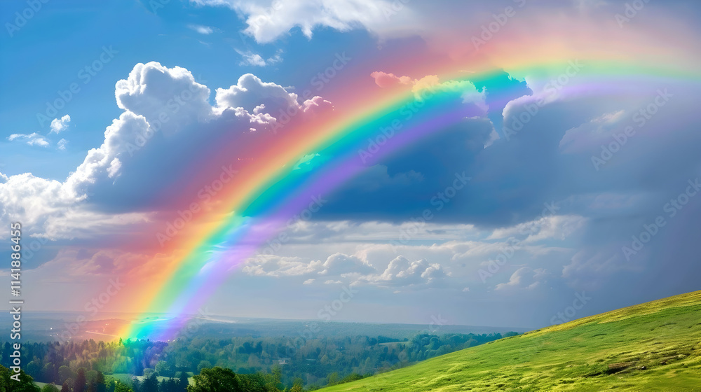 Naklejka premium Rainbow arch over green hills, cloudy skies.